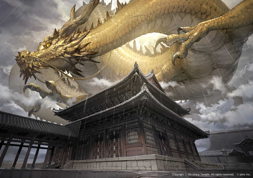 3_fingers ambiguous_gender antlers asian_mythology belly_scales claws cloud dragon eastern_dragon feral fingers flying gold_scales hi_res horn looking_at_viewer looming mythology pecs raining scales solo takayama_toshiaki temple yellow_eyes