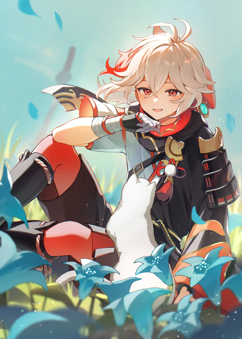 1boy absurdres ahoge armor bishounen cat fingerless_gloves flower full_body genshin_impact gloves highres japanese_armor japanese_clothes kaedehara_kazuha looking_at_viewer male_focus mochimiya_(coyo) open_mouth outdoors red_eyes short_hair sitting smile solo white_cat white_hair