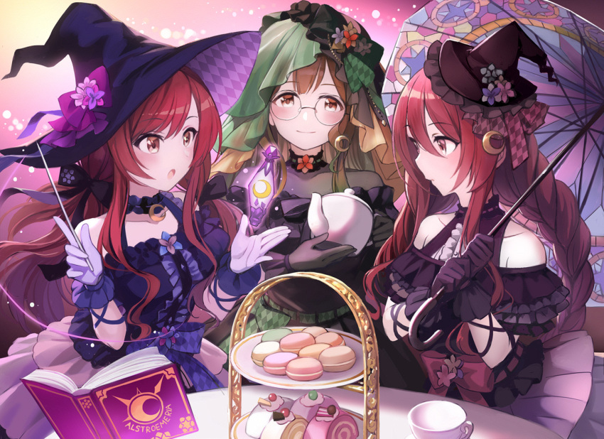 3girls alstroemeria_(idolmaster) black_dress black_gloves blue_dress blush book braid brown_eyes brown_hair cake choker closed_mouth collarbone crescent_choker cup dress food frilled_choker frilled_dress frills glasses gloves green_dress hair_between_eyes hair_ribbon hat hat_ribbon holding holding_teapot holding_umbrella holding_wand idolmaster idolmaster_shiny_colors kuwayama_chiyuki long_braid long_hair looking_at_viewer low_twintails macaron magic mini_hat mini_witch_hat multiple_girls official_alternate_costume official_alternate_hairstyle open_mouth osaki_amana osaki_tenka purple_gloves red_hair ribbon siblings sisters smile swept_bangs swiss_roll table teacup teapot tuna_picture twin_braids twins twintails umbrella veil wand witch witch_hat yellow_eyes