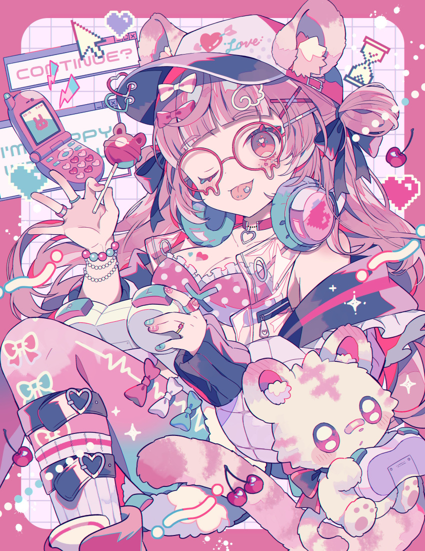 1girl absurdres baseball_cap blue_nails bow bracelet breasts candy cellphone cherry cleavage commentary controller flip_phone food fruit game_controller glasses hair_bow hat headphones headphones_around_neck highres jewelry lollipop long_hair multiple_rings one_eye_closed original phone piercing pink-framed_eyewear pink_eyes pink_hair pink_nails pink_thighhighs ring round_eyewear socks solo symbol-only_commentary thighhighs tongue tongue_out tongue_piercing white_socks window_(computing) wing_hair_ornament yumenouchi_chiharu