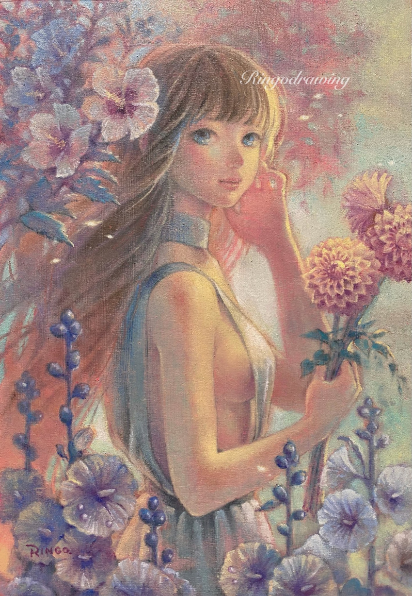1girl bare_shoulders blue_eyes blunt_bangs breasts choker clothing_cutout commentary_request dress flower hand_up highres holding holding_flower light_brown_hair light_smile long_hair looking_at_viewer medium_breasts no_bra oil_painting_(medium) original painting_(medium) ringodrawing side_cutout sideboob solo traditional_media upper_body white_choker white_dress