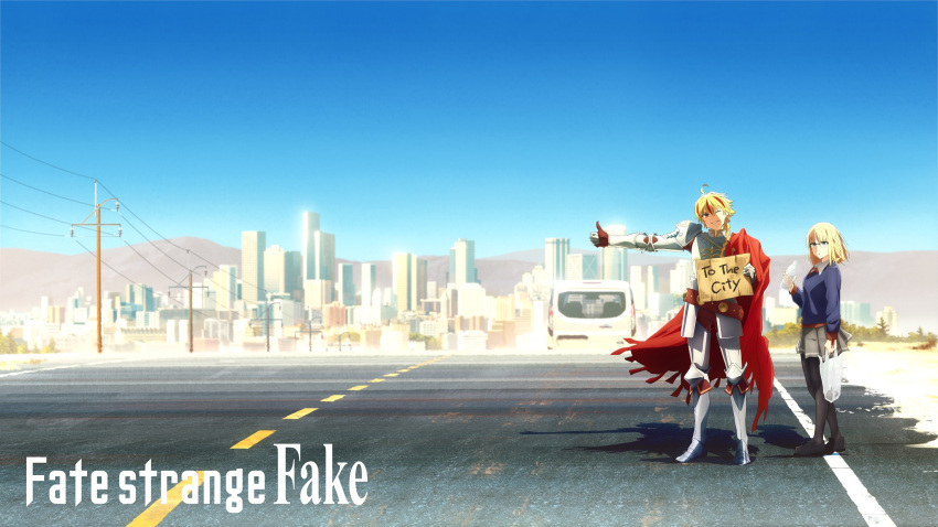 armor belt blonde_hair blue_eyes braid cape car copyright_name desert fate/strange_fake fate_(series) full_armor gauntlets greaves highres highway hitchhiker's_thumb hitchhiking holding holding_sign knight looking_at_viewer motor_vehicle official_art one_eye_closed pantyhose plate_armor pleated_skirt red_cape richard_i_(fate) road sajou_ayaka_(fate/strange_fake) short_hair shoulder_armor sign skirt smile sweater thumbs_up