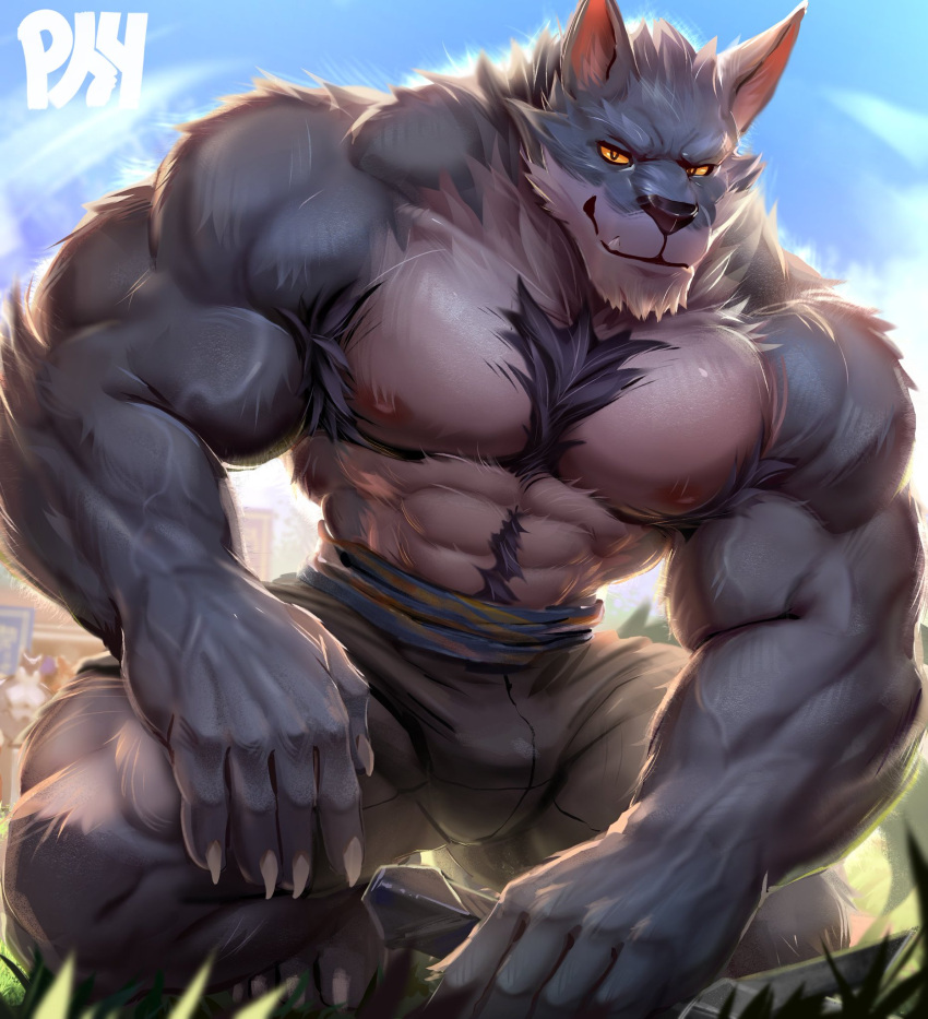 abs anthro armpit_hair asmund_(tavern_of_spear) body_hair canid canine canis chest_hair claws fur hi_res male mammal muscular muscular_anthro muscular_male nipples pecs physen sharp_claws solo tavern_of_spear vein veiny_muscles wolf