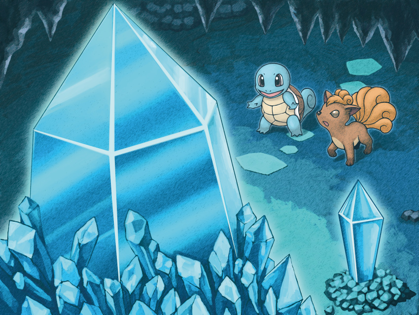 absurdres blue_gemstone cave_interior crystal fushigi_no_dungeon gem glowing_crystal highres no_humans official_art open_mouth pokemon pokemon_(creature) pokemon_(game) pokemon_mystery_dungeon rock squirtle standing vulpix