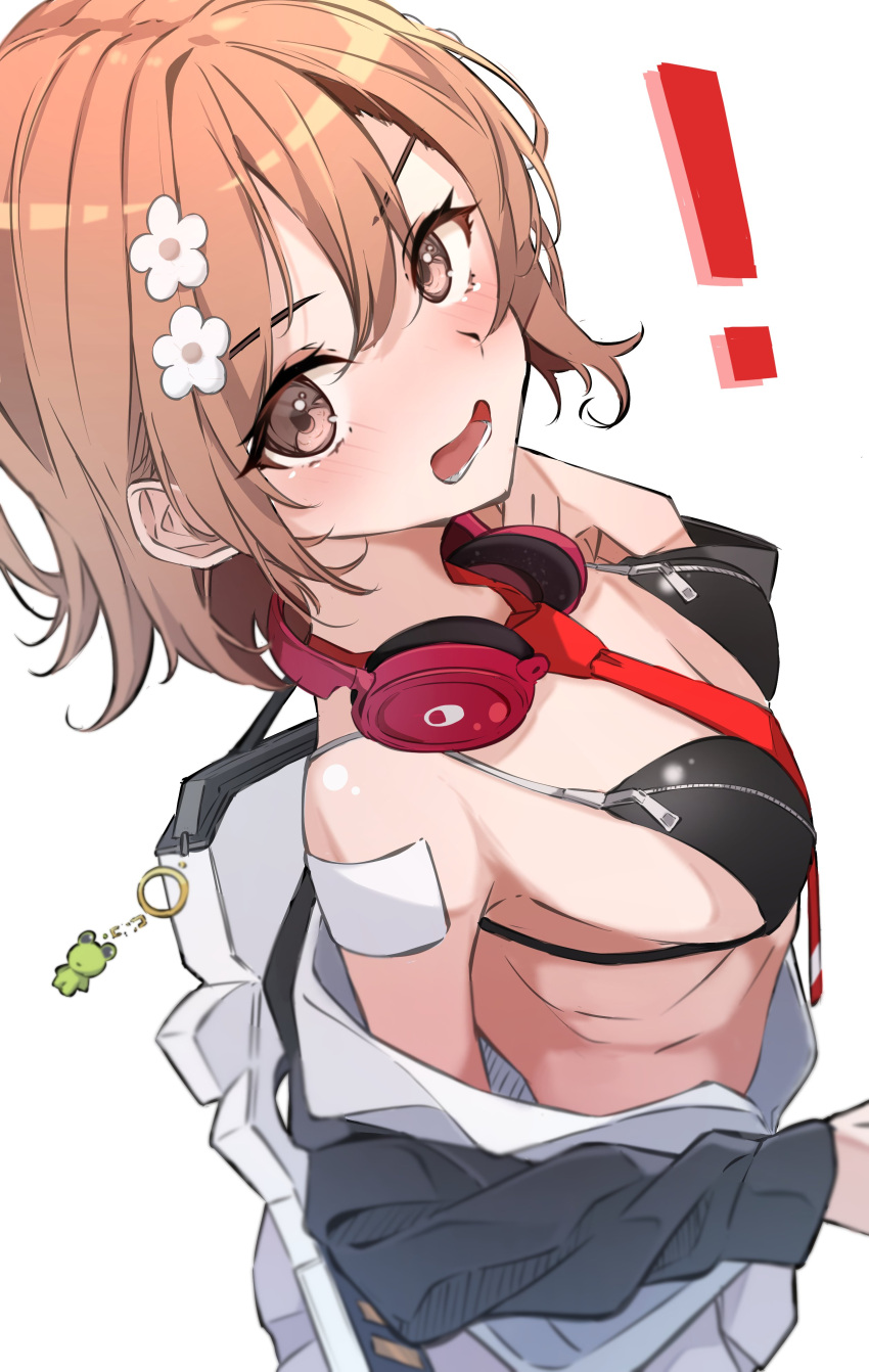 ! 1girl absurdres alternate_breast_size bag_charm bandaid bandaid_on_shoulder bikini bikini_top_only black_bikini blue_archive blush breast_zipper breasts brown_eyes brown_hair charm_(object) cosplay eimi_(blue_archive) eimi_(blue_archive)_(cosplay) embarrassed from_side gekota hair_between_eyes hair_ornament hairpin hanahashi_bagara headphones headphones_around_neck highres jacket long_sleeves looking_at_viewer medium_breasts medium_hair misaka_mikoto multicolored_clothes multicolored_jacket necktie off_shoulder open_clothes open_mouth open_shirt red_necktie skirt swimsuit two-tone_jacket unbuttoned unbuttoned_shirt white_background white_skirt zipper_bikini zipper_pull_tab