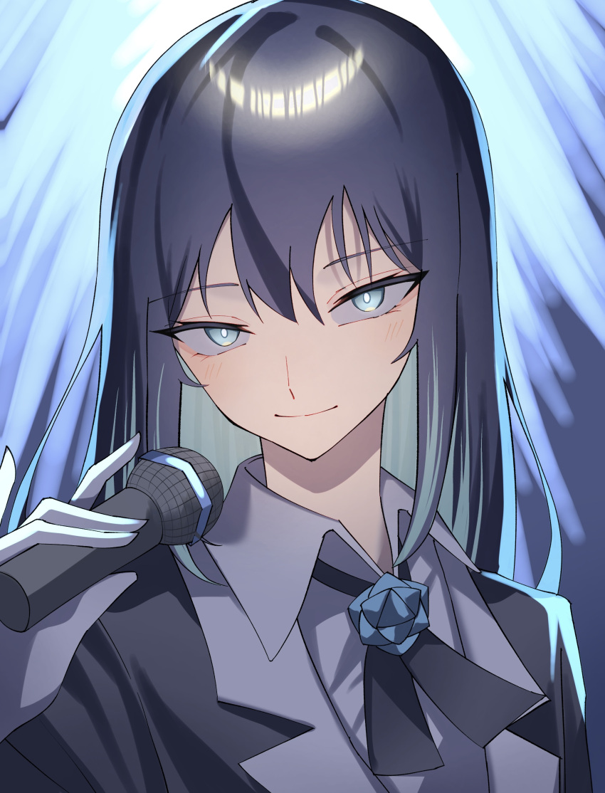 1girl absurdres ado_(singer) black_bow black_bowtie black_jacket blue_eyes blue_hair blue_shirt blush bow bowtie closed_mouth collared_shirt commentary formal gloves hair_between_eyes highres holding holding_microphone jacket long_hair looking_at_viewer microphone niconico shirt smile solo tsukuno_tsuki upper_body white_gloves