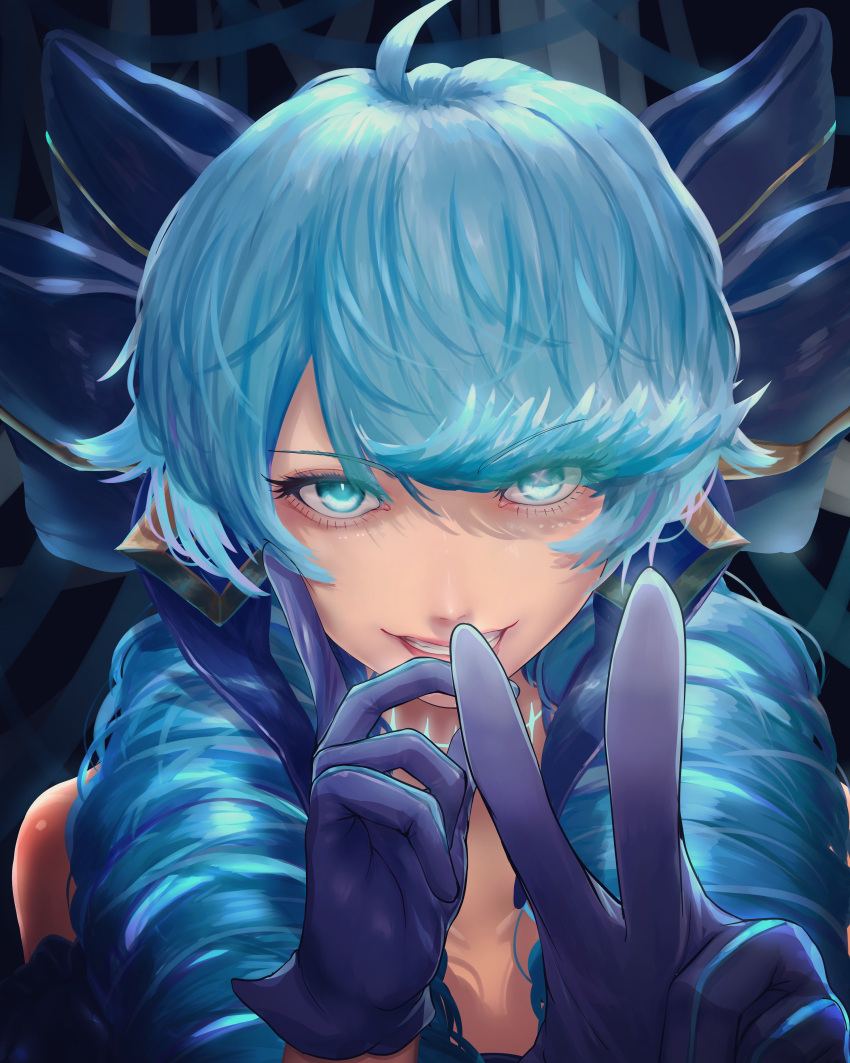 1girl absurdres ahoge bare_shoulders black_bow bow collarbone drill_hair epicmilk gloves green_eyes green_hair grin gwen_(league_of_legends) hair_bow hair_ornament hands_up highres league_of_legends long_hair portrait purple_gloves shiny_skin smile solo symbol_in_eye teeth twin_drills v