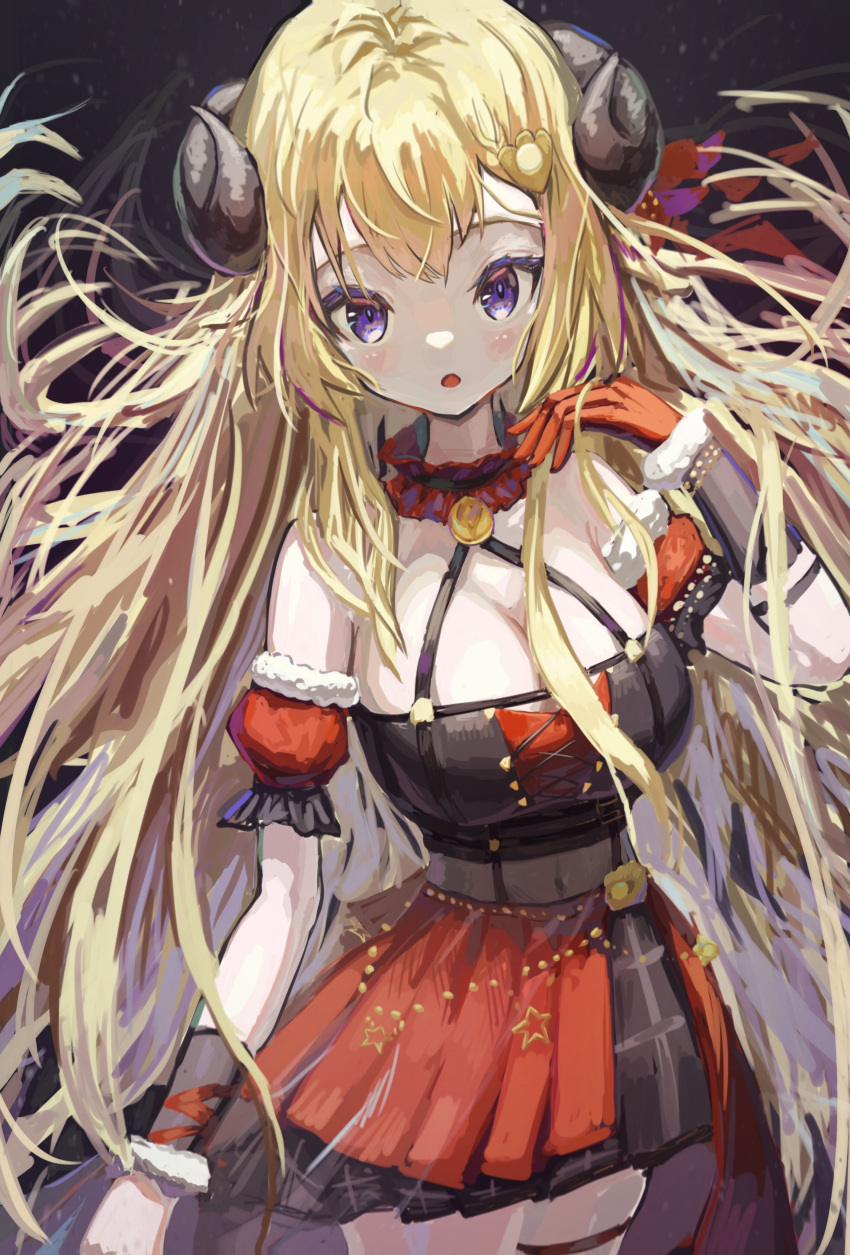 1girl absurdres ahoge animal_ears arm_at_side bizarre_(bizarre64637036) black_shirt black_skirt blonde_hair blush breasts choker commentary crop_top cross-laced_clothes cross-laced_top detached_sleeves frilled_choker frills fur-trimmed_sleeves fur_trim gloves hair_ornament hairclip half-skirt halter_shirt halterneck highres hololive horns large_breasts layered_skirt long_hair looking_at_viewer miniskirt official_alternate_costume open_mouth overskirt plaid plaid_skirt puffy_detached_sleeves puffy_short_sleeves puffy_sleeves purple_eyes red_choker red_gloves red_skirt red_sleeves see-through see-through_midriff sheep_ears sheep_girl sheep_horns shirt short_sleeves single_glove skirt solo surprised thigh_strap tsunomaki_watame tsunomaki_watame_(4th_costume) very_long_hair virtual_youtuber wrist_cuffs