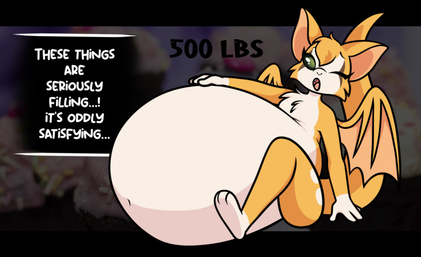 anthro bat belly big_belly dialogue dust:_an_elysian_tail female fidget_(elysian_tail) fur green_eyes growth_drive hyper hyper_belly mammal navel nimbat one_eye_closed open_mouth orange_body orange_fur pompuffy_(artist) solo tail text weight_gain white_body white_fur wings