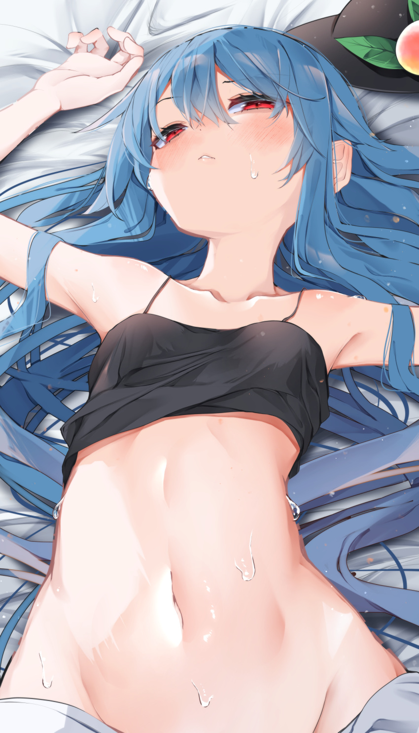 1girl absurdres armpits blue_hair blush breasts collarbone food fruit highres hinanawi_tenshi leaf long_hair looking_at_viewer lying navel on_back peach red_eyes shirt short_sleeves small_breasts solo stomach sweat touhou tsune_(tune) very_long_hair