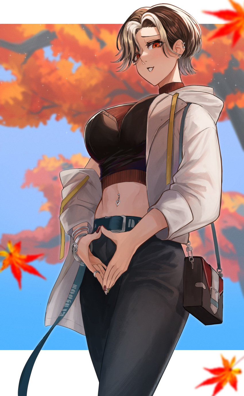 1girl absurdres autumn autumn_leaves blush breasts brown_hair cleavage collarbone ear_piercing earrings hair_over_one_eye highres jewelry large_breasts leaf looking_at_viewer maple_leaf multicolored_hair navel navel_piercing nekotokage nijisanji open_mouth orange_eyes piercing shirayuki_tomoe smile solo stomach streaked_hair virtual_youtuber