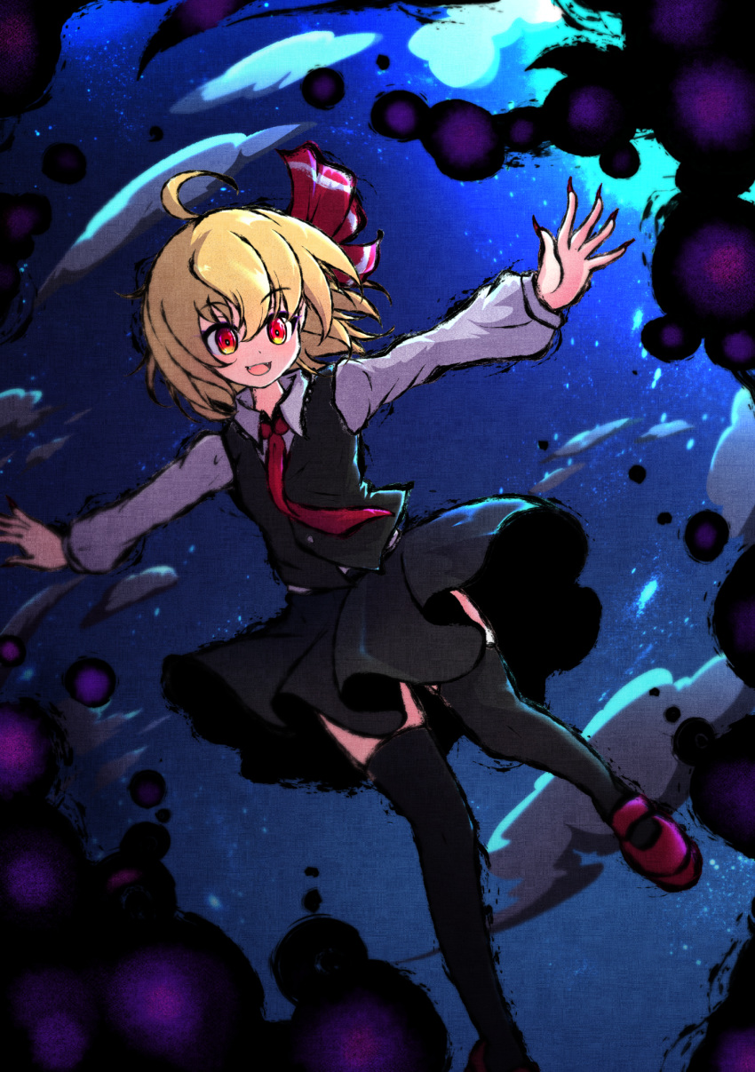 1girl ahoge black_skirt black_thighhighs blonde_hair blush cloud collared_shirt darkness fangs fingernails hair_between_eyes hair_ribbon highres long_sleeves neck_bobbles necktie open_mouth outstretched_arms red_eyes red_footwear red_necktie ribbon rumia sharp_fingernails shen_li shirt short_hair skirt solo spread_arms thighhighs touhou vest white_shirt