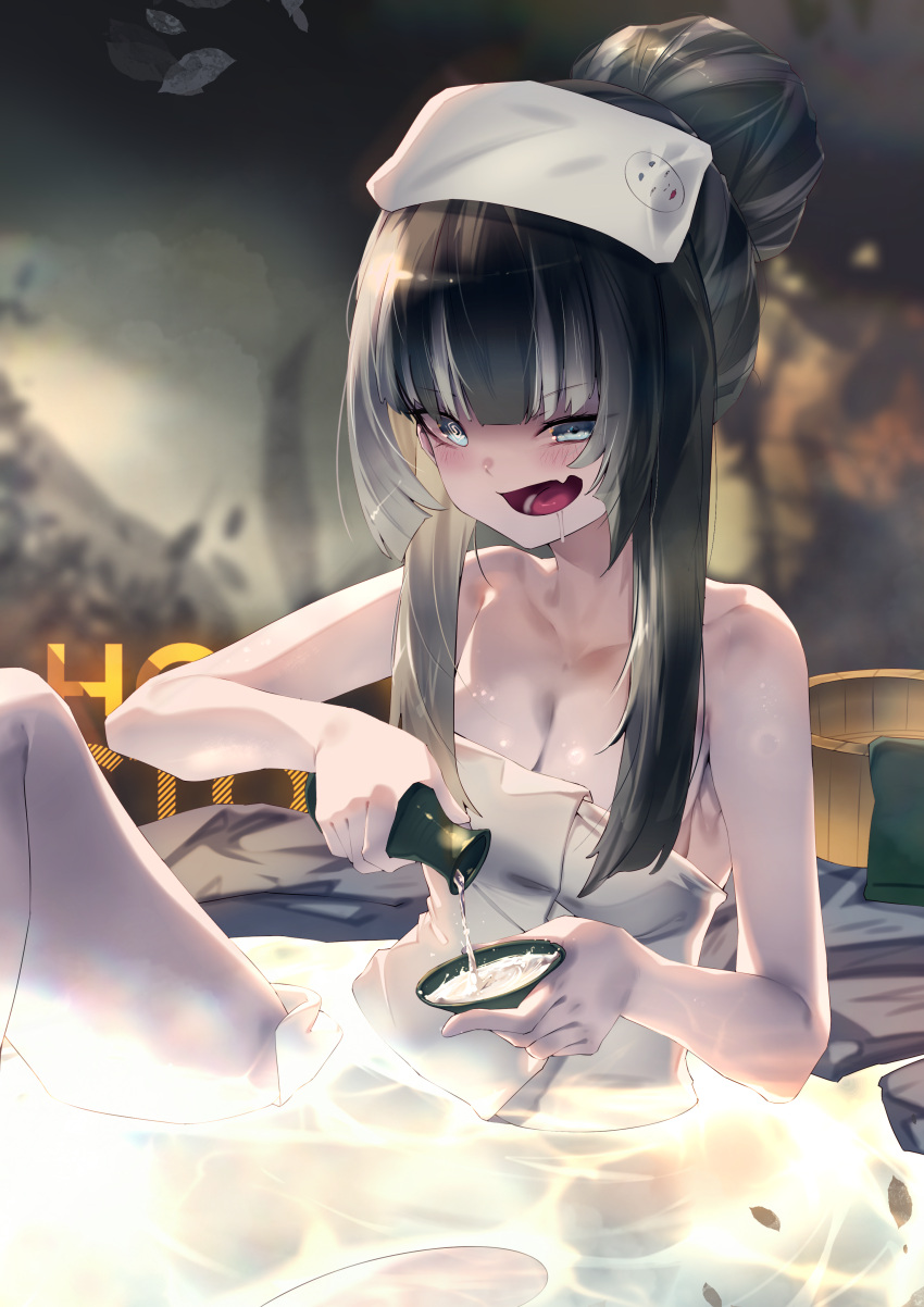 1girl absurdres black_hair blue_eyes blunt_bangs blush breasts choko_(cup) cleavage cup fang grey_hair hair_bun highres holding holding_cup hololive hololive_dev_is juufuutei_raden long_hair looking_at_viewer medium_breasts multicolored_hair naked_towel onsen open_mouth pparus sidelocks single_hair_bun skin_fang solo streaked_hair towel water