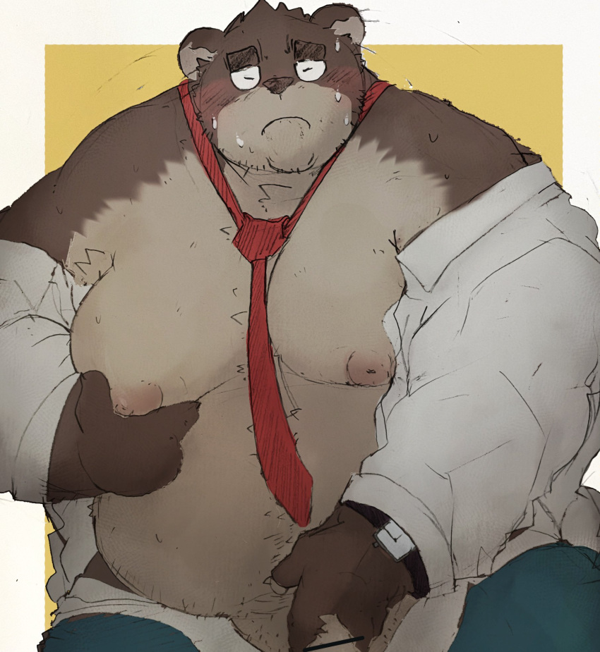 2023 anthro barely_visible_genitalia barely_visible_penis bear belly big_belly blush brown_body brown_fur censored clothed clothing dumdum eyes_closed fur genitals hi_res humanoid_hands kemono male mammal mature_male moobs necktie nipples open_clothing open_shirt open_topwear overweight overweight_male penis shirt solo topwear