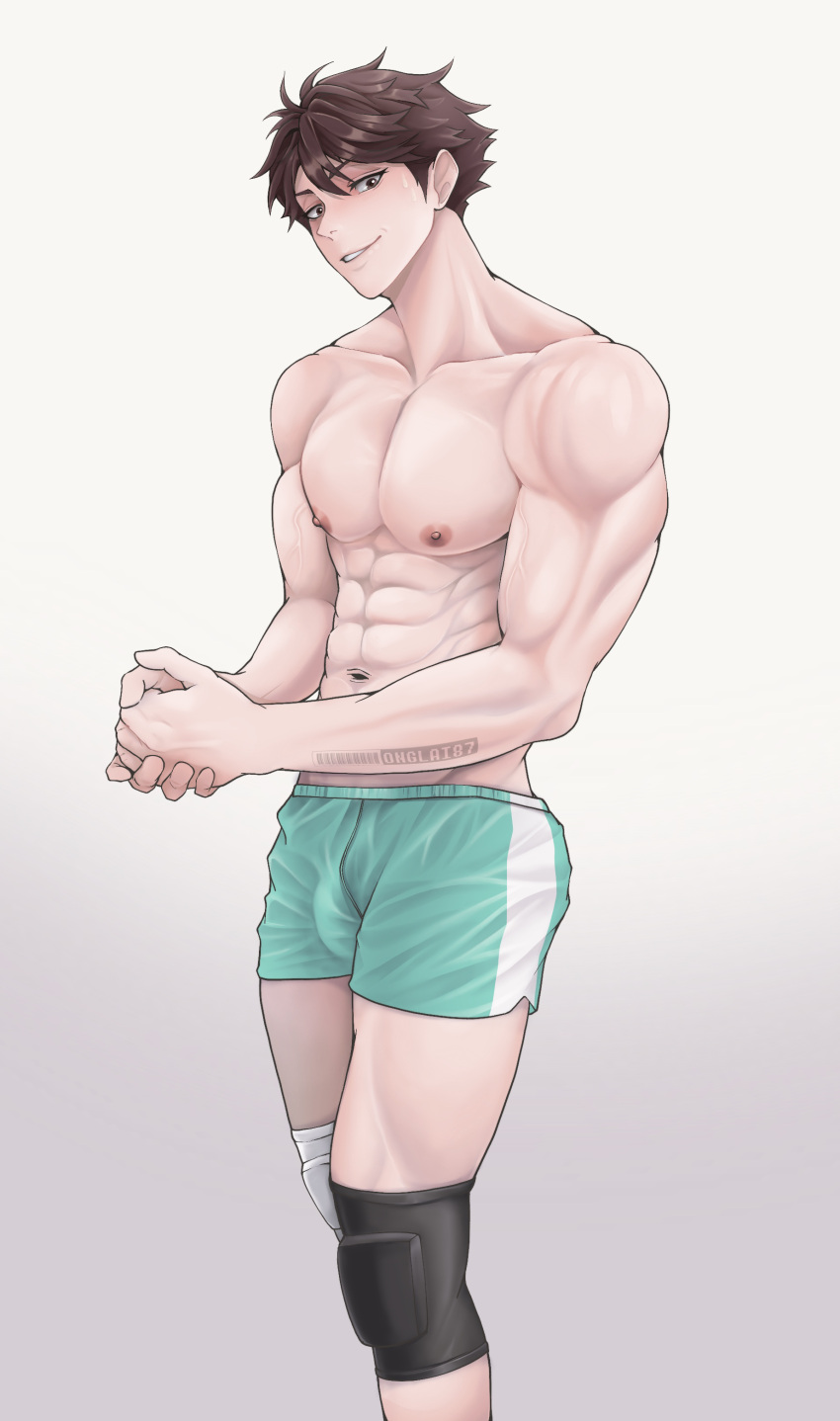 1boy abs absurdres arm_tattoo artist_name bare_pectorals brown_hair bulge covered_penis erection erection_under_clothes gradient_background grey_background gym_shorts highres knee_pads large_pectorals large_penis looking_at_viewer male_focus muscular muscular_male nipples no_shirt oikawa_tooru_(haikyuu!!) onglai87 pectorals penis shorts simple_background solo tattoo thick_thighs thighs topless_male white_background