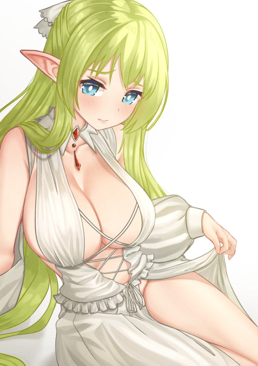 1girl bare_shoulders blue_eyes blush breasts center_opening choujin_koukousei-tachi_wa_isekai_demo_yoyuu_de_ikinuku_you_desu! clothes_lift commentary elf english_commentary frilled_shirt frills gem green_hair hair_ribbon half_updo highres kangbus large_breasts lifted_by_self lilulu_(choyoyu) long_hair looking_at_viewer navel no_bra no_panties pointy_ears revealing_clothes revision ribbon shirt side_slit sideboob sideless_outfit simple_background skirt skirt_lift skirt_set solo thighs very_long_hair white_background white_ribbon white_shirt white_skirt