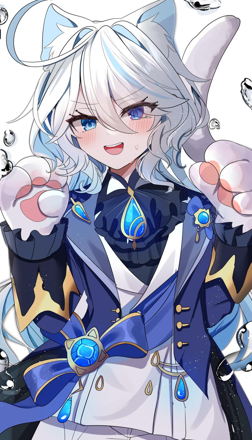 1girl absurdres animal_ear_fluff animal_ears animal_hands ascot black_ascot blue_brooch blue_gemstone blue_hair blue_jacket blush cat_ears cat_paws drop-shaped_pupils furina_(genshin_impact) gem genshin_impact gloves heterochromia highres jacket light_blue_hair mismatched_pupils paw_gloves smile solo teeth upper_teeth_only water white_background yunomi_(1126js03cono)