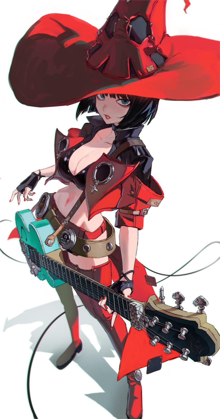 1girl absurdres belt black_gloves black_hair blue_eyes boots breasts brown_belt cleavage commentary cropped_jacket electric_guitar fingerless_gloves full_body gloves guilty_gear guilty_gear_strive guitar hat highres i-no instrument jacket navel open_clothes open_jacket parted_lips purple_z red_footwear red_headwear red_lips red_nails red_shorts short_hair shorts solo standing symbol-only_commentary thigh_boots venus_symbol witch_hat