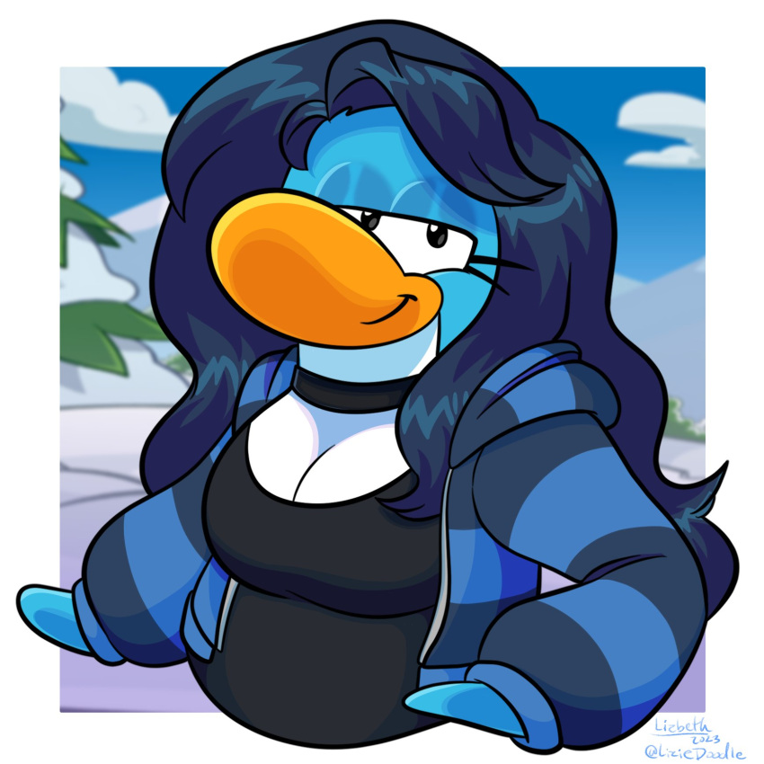 2023 anthro avian bird blue_hair breasts choker cleavage clothed clothing club_penguin doodle_(paeonypetals) female hair hi_res jewelry necklace paeonypetals penguin solo style_parody