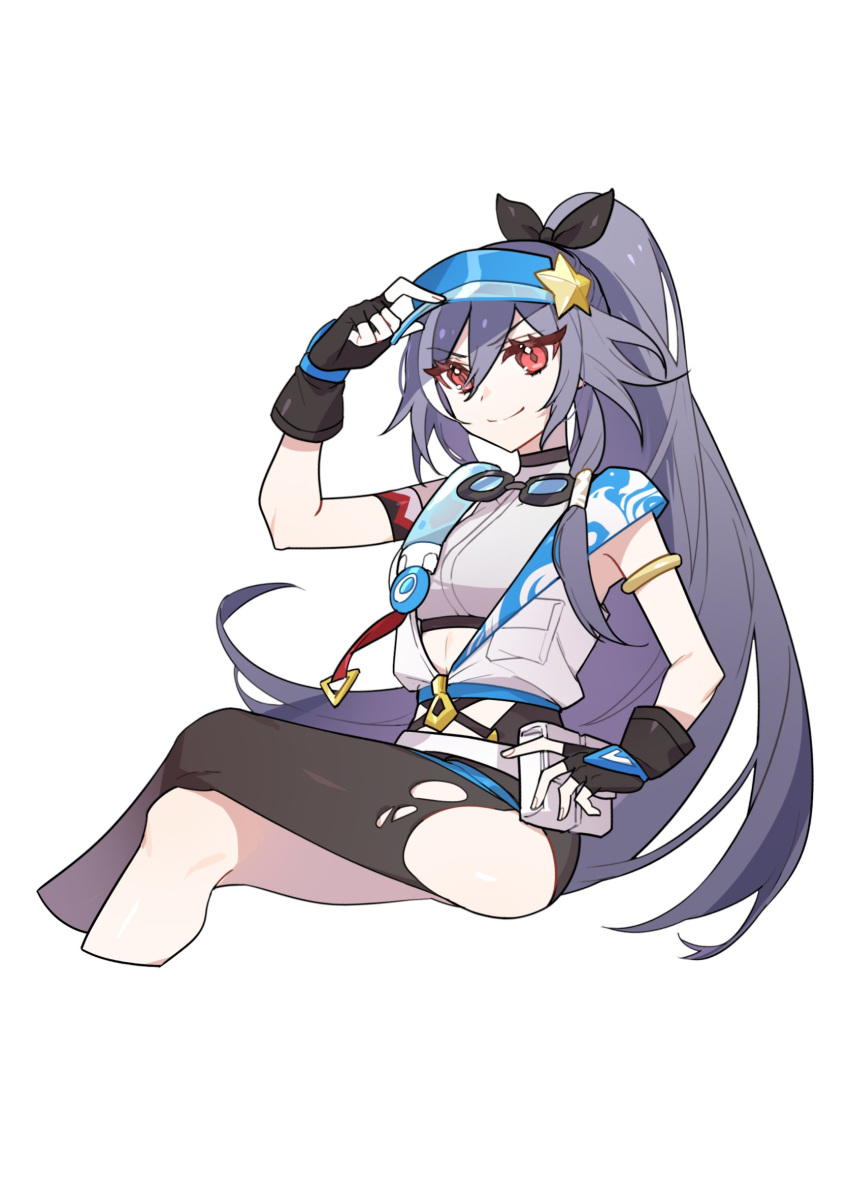 &gt;:) 1girl arm_up black_gloves black_pantyhose blue_headwear breasts closed_mouth commentary_request cramps_(exspmarc) cropped_legs crossed_legs fingerless_gloves fu_hua fu_hua_(herrscher_of_sentience) gloves grey_hair hair_between_eyes hand_on_headwear high_ponytail highres honkai_(series) honkai_impact_3rd long_hair looking_at_viewer pantyhose ponytail red_eyes shirt simple_background single_leg_pantyhose sitting small_breasts smile solo star_(symbol) v-shaped_eyebrows very_long_hair visor_cap white_background white_shirt