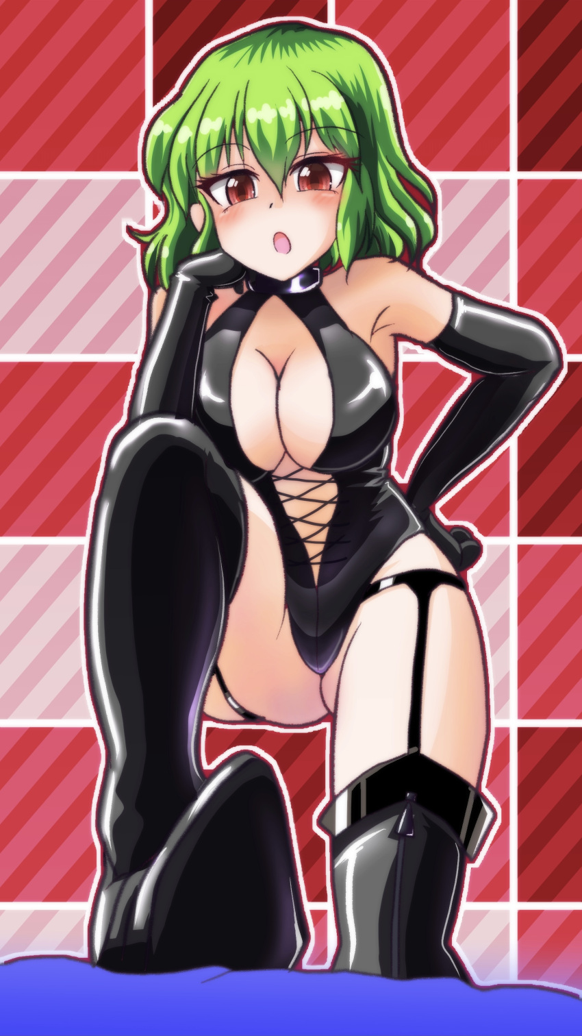 1girl absurdres black_gloves bondage_outfit boots breasts dominatrix elbow_gloves gloves green_hair hand_on_own_chin hand_on_own_hip head_rest highres kazami_yuuka latex latex_boots latex_gloves latex_legwear looking_at_viewer medium_bangs open_mouth red_eyes sae_(minamina3737) short_hair standing thigh_boots touhou