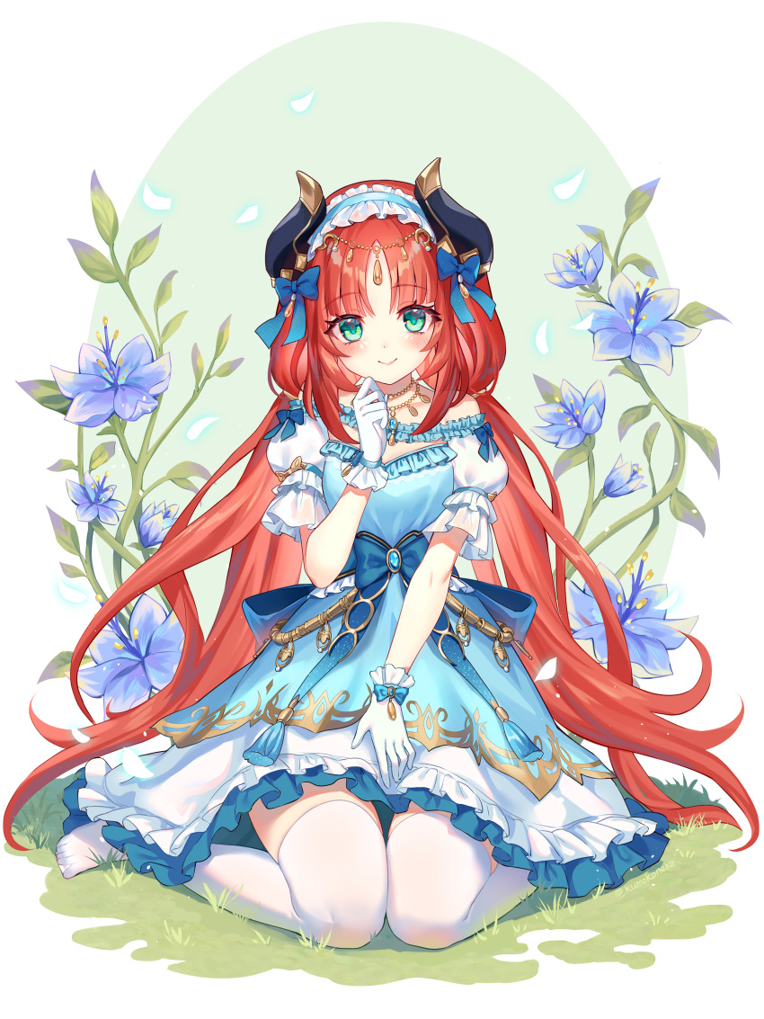 1girl absurdres alternate_costume blue_bow blue_dress blue_flower blue_gemstone bow circlet closed_mouth commentary_request dress fake_horns flower frilled_dress frilled_hairband frills full_body gem genshin_impact gloves green_eyes hair_bow hairband hand_up highres horns lalazyt layered_dress long_hair looking_at_viewer nilou_(genshin_impact) no_shoes off-shoulder_dress off_shoulder puffy_short_sleeves puffy_sleeves red_hair short_sleeves sitting smile solo thighhighs very_long_hair wariza white_gloves white_thighhighs