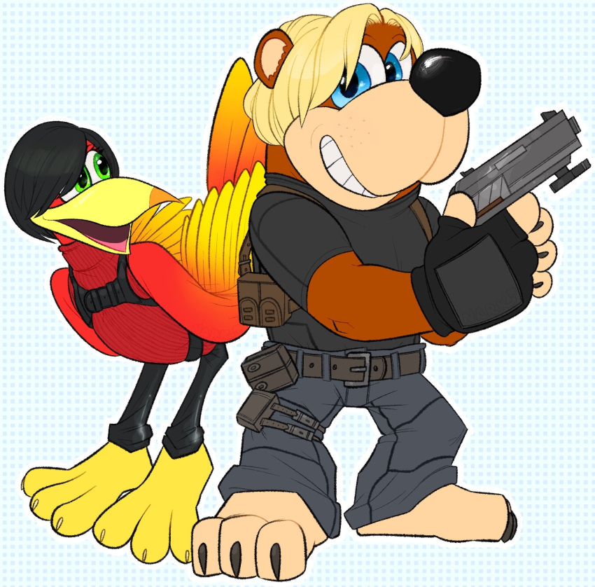 1boy 1girl ada_wong ada_wong_(cosplay) animal_ears banjo-kazooie banjo_(banjo-kazooie) beak bear_ears bird black_gloves black_hair blonde_hair blue_background blue_eyes cosplay crossover fingerless_gloves full_body furry furry_male gloves green_eyes gun highres holding holding_gun holding_weapon kazooie_(banjo-kazooie) leon_s._kennedy leon_s._kennedy_(cosplay) looking_at_viewer nark open_mouth pants polka_dot polka_dot_background resident_evil resident_evil_4 resident_evil_4_(remake) smile weapon