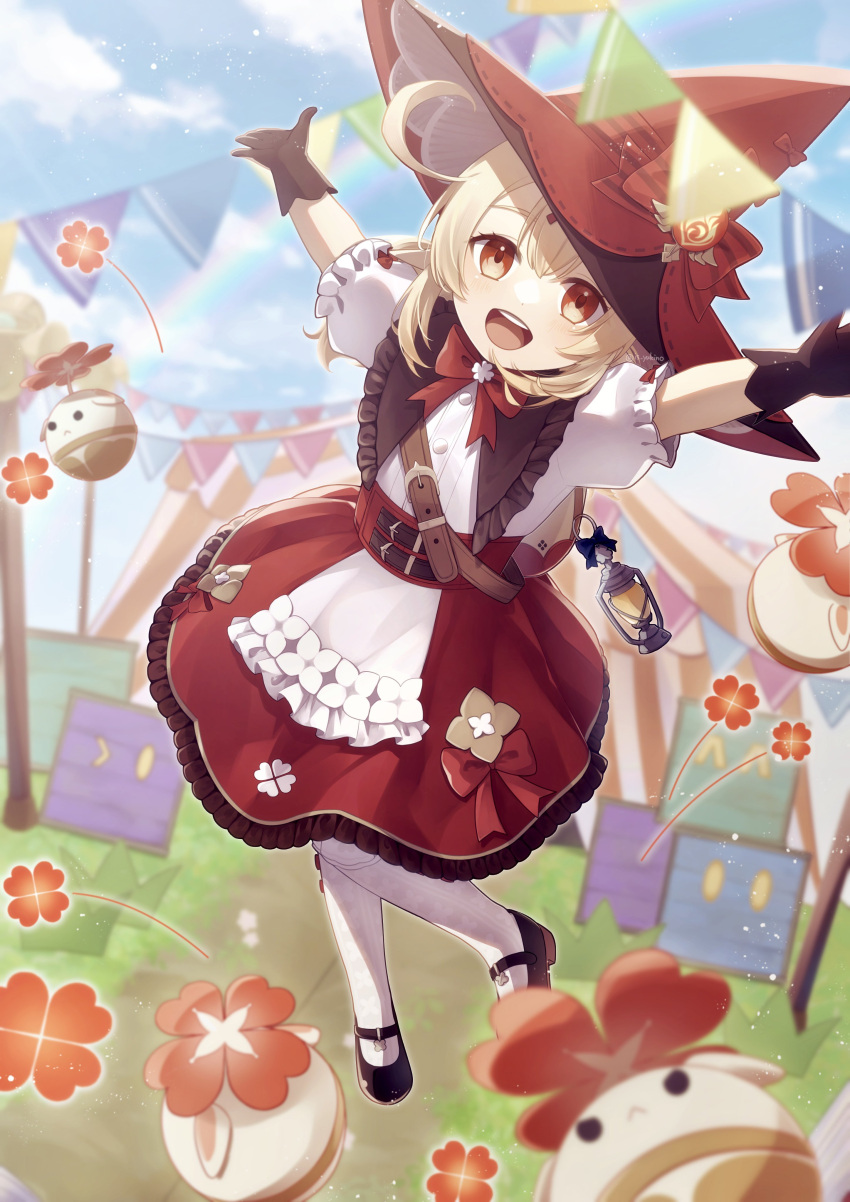 1girl :d absurdres ahoge backpack bag belt black_gloves blue_sky blurry circus cloud cloudy_sky commentary_request depth_of_field dress flag frilled_dress frills genshin_impact gloves hair_between_eyes hat highres jumpy_dumpty klee_(blossoming_starlight)_(genshin_impact) klee_(genshin_impact) lantern light_brown_hair lolita_fashion long_hair looking_at_viewer low_twintails mary_janes orange_eyes outdoors outstretched_arms pantyhose pointy_ears shoes short_sleeves sidelocks sky smile solo spread_arms standing standing_on_one_leg tent throwing twintails vision_(genshin_impact) white_pantyhose witch_hat yukino_imamura