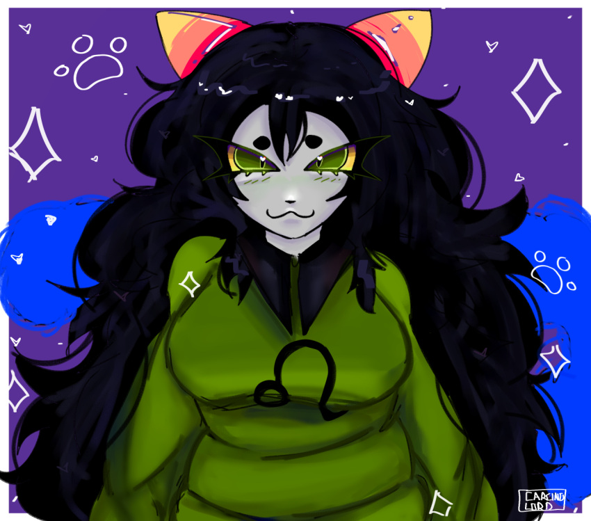 &lt;3 &lt;3_eyes 2_horns :3 alien alien_humanoid animal_humanoid artist_logo belly belly_rolls big_breasts black_clothing black_hair black_shirt black_topwear blue_tail blush breasts carcinolord cat_humanoid clothed clothing eyebrows eyelashes felid felid_humanoid feline feline_humanoid female front_view green_clothing green_eyes green_shirt green_topwear grey_body grey_skin hair half-length_portrait homestuck horn horned_humanoid humanoid logo mammal mammal_humanoid meulin_leijon ms_paint_adventures overweight overweight_female overweight_humanoid portrait shirt solo tail topwear troll_(homestuck) undershirt webcomic webcomic_character yellow_sclera