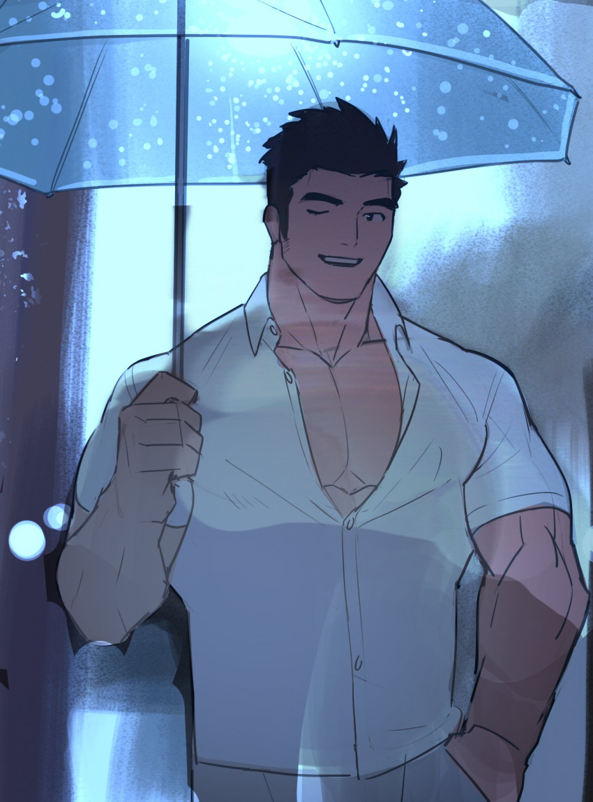 1boy bad_id bad_twitter_id bara black_hair blue_theme collared_shirt cowboy_shot hand_in_pocket highres holding holding_umbrella large_pectorals long_sideburns looking_at_viewer male_focus muscular muscular_male one_eye_closed partially_unbuttoned pectoral_cleavage pectorals protagonist_3_(housamo) shirt short_hair sideburns solo thick_eyebrows tokyo_afterschool_summoners tyou umbrella unfinished
