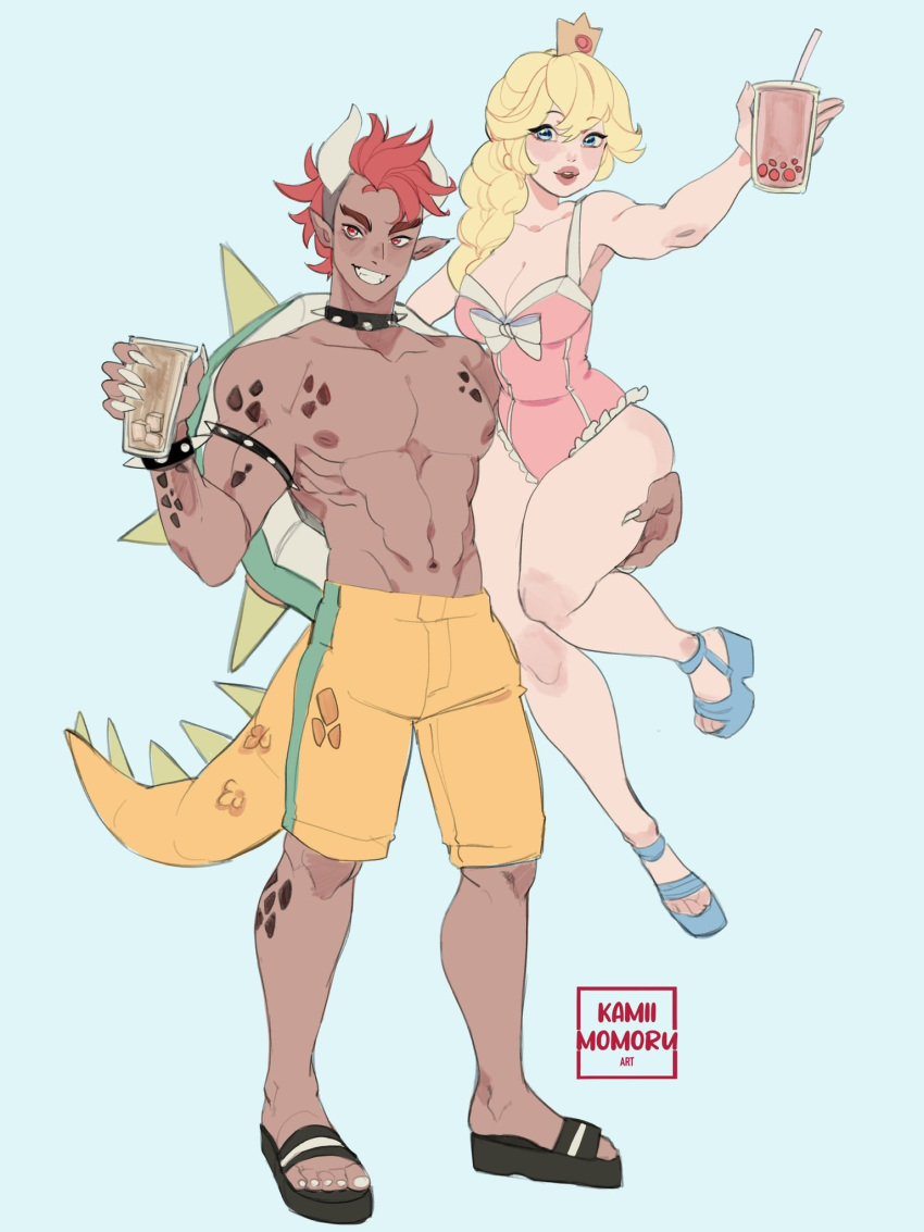 1boy 1girl armlet bare_arms bare_shoulders black_footwear blonde_hair blue_background blue_eyes blue_footwear blush body_markings bowser braid breasts bubble_tea claws cleavage collar crown cup dragon_tail earrings fingernails full_body grin hair_between_eyes hair_over_shoulder highres holding holding_cup horns jewelry kamii_momoru long_hair mario_(series) medium_breasts mini_crown muscular muscular_male one-piece_swimsuit pale_skin parted_lips personification pink_one-piece_swimsuit pointy_ears princess_peach red_eyes red_hair sandals scales sharp_fingernails shell shorts sidelocks smile spiked_armlet spiked_collar spikes swimsuit tail tan teeth thick_eyebrows thighs topless_male wedge_heels yellow_shorts