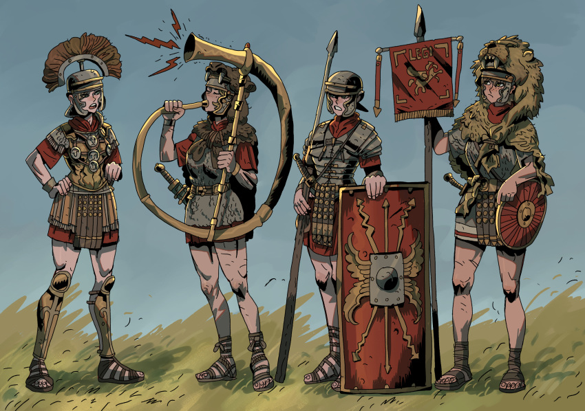 4girls animal_skin_hat armor banner cornu grass greaves helmet highres ho-uja holding holding_polearm holding_weapon instrument multiple_girls music original pilum plate_armor playing_instrument polearm red_tunic roman_clothes roman_empire sandals scale_armor shield sword weapon