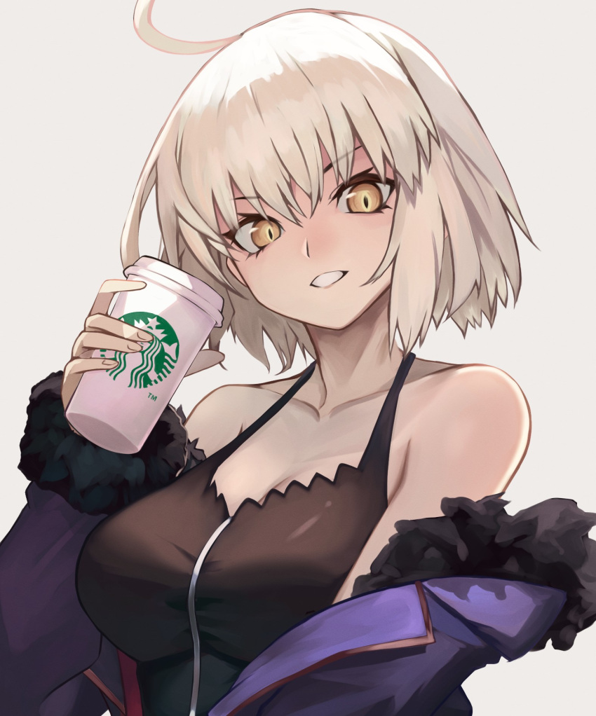 1girl ahoge bare_shoulders black_dress blue_coat breasts cleavage coat coffee_cup collarbone cup disposable_cup dress fate/grand_order fate_(series) fur-trimmed_coat fur_trim genshu_doki grey_hair grin highres jeanne_d'arc_alter_(fate) jeanne_d'arc_alter_(ver._shinjuku_1999)_(fate) large_breasts long_sleeves looking_at_viewer off_shoulder open_clothes open_coat short_hair smile solo yellow_eyes