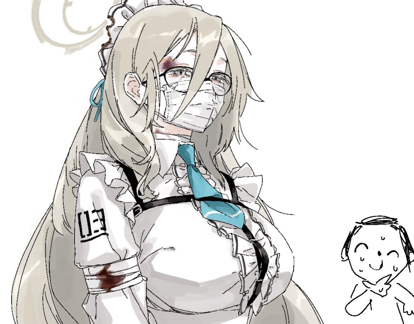1boy 1girl ^_^ akane_(blue_archive) apron arms_at_sides arona's_sensei_doodle_(blue_archive) bandaged_arm bandaged_neck bandages blonde_hair blood blood_on_bandages blue_archive blue_necktie breasts broken_eyewear bruise bruise_on_face button_gap center_frills chest_harness closed_eyes collared_shirt colored_eyelashes covered_mouth frills glasses grey_eyes hair_behind_ear hair_between_eyes half-closed_eyes halo hand_on_own_chin harness injury kawatiw large_breasts light_blush long_bangs long_hair looking_ahead maid_headdress mask mouth_mask necktie partially_colored ryona sensei_(blue_archive) shirt simple_background stroking_own_chin surgical_mask sweat sweating_profusely underbust upper_body very_long_hair waist_apron wavy_hair white_background white_shirt