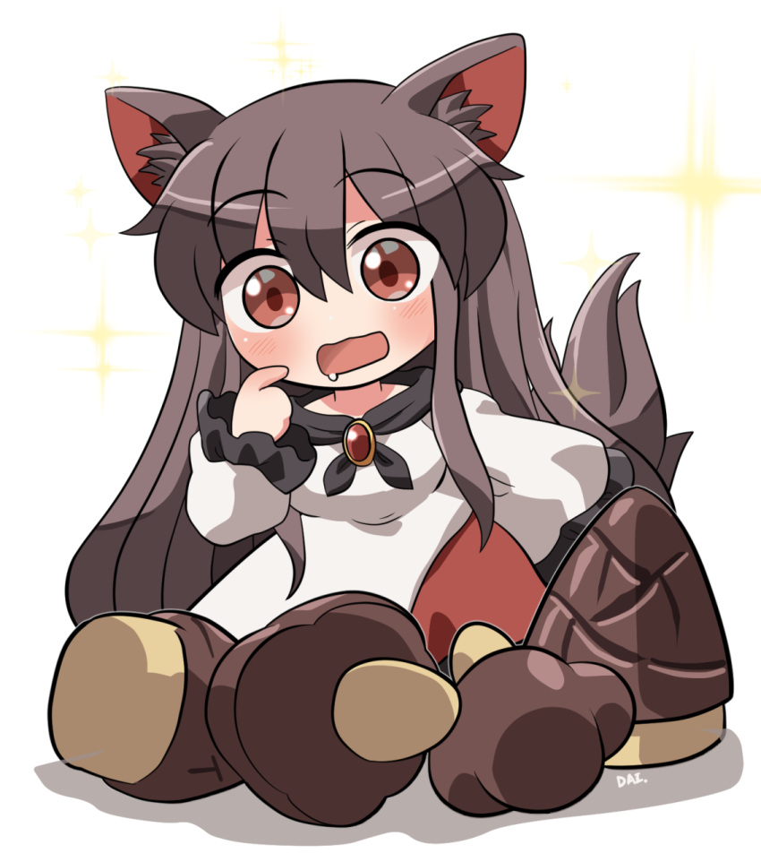 1girl animal_ears blush brown_hair dress drooling highres imaizumi_kagerou kinoko_no_yama long_hair open_mouth red_dress red_eyes rokugou_daisuke signature simple_background solo tail takenoko_no_sato_(food) touhou white_background white_dress wolf_ears wolf_tail