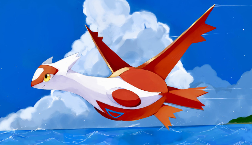 closed_mouth cloud commentary day flying from_side full_body highres kou11021301 latias no_humans outdoors pokemon pokemon_(creature) sky smile solo symbol-only_commentary water yellow_eyes