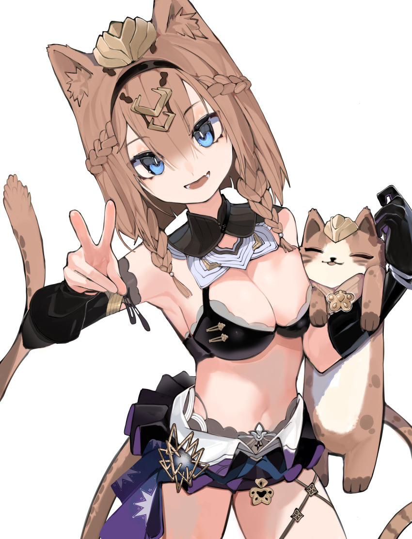 1girl absurdres animal_ear_fluff animal_ears armpits bare_shoulders black_bra black_gloves black_hairband blue_eyes bra braid braided_sidelock breasts brown_cat brown_hair cat cat_girl cat_tail cleavage commentary_request detached_collar detached_sleeves double-parted_bangs elbow_gloves gloves hair_between_eyes hairband hands_up highres honkai_(series) honkai_impact_3rd large_breasts layered_skirt looking_at_viewer midriff multiple_braids navel open_mouth pardofelis_(honkai_impact) simple_background single_detached_sleeve single_elbow_glove single_glove skirt smile tail underwear v white_background yuhezi