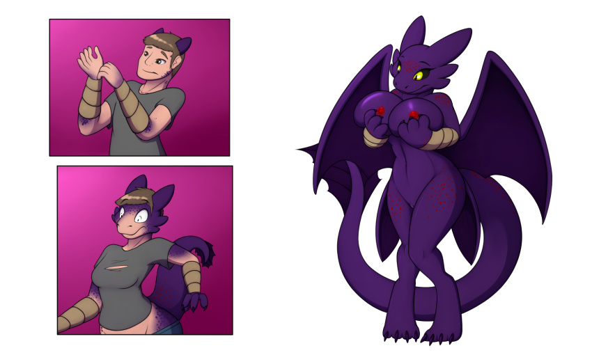 anthro big_breasts bracelet breasts brown_eyes colored comic dragon dreamworks female gender_transformation growth hi_res holding_breast how_to_train_your_dragon human jewelry male mammal mtf_transformation night_fury nipples purple_body scalie solo species_transformation surprised_expression tail tail_growth tomek1000 transformation western_dragon wings yellow_eyes