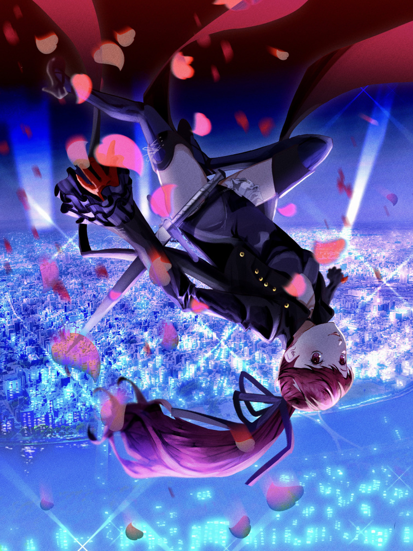 1girl absurdres black_jacket black_leotard bow breasts building city cityscape gloves hair_ribbon highres jacket leotard long_hair long_sleeves looking_at_viewer persona persona_5 persona_5_the_royal ponytail red_eyes red_gloves red_hair reonzeee0120 ribbon smile solo thighhighs upside-down yoshizawa_kasumi