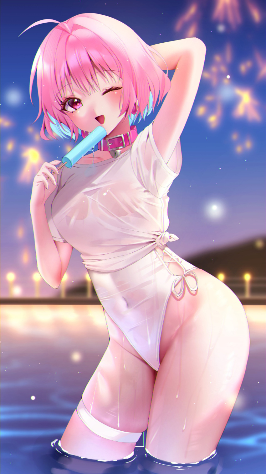 1girl absurdres ahoge arm_behind_head belt belt_collar blue_hair blurry blurry_background blush bob_cut breasts choker collar collarbone colored_inner_hair covered_navel educk fingernails fireworks food glint groin hair_intakes heart-shaped_lock heart_collar highres idolmaster idolmaster_cinderella_girls idolmaster_cinderella_girls_starlight_stage large_breasts light_blue_hair looking_at_viewer multicolored_hair night night_sky one-piece_swimsuit one_eye_closed open_mouth pink_belt pink_choker pink_collar pink_eyes pink_hair popsicle shirt short_sleeves side-tie_one-piece_swimsuit sky smile solo swimsuit t-shirt thigh_strap thighs tied_shirt two-tone_hair wading water wet white_one-piece_swimsuit white_shirt yumemi_riamu