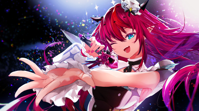 1girl :d absurdres blue_eyes breasts buttons commentary detached_sleeves double-breasted double_halo earrings fangs getto halo hat highres holding holding_microphone hololive hololive_english hololive_idol_uniform hololive_idol_uniform_(bright) horns impossible_clothes irys_(hololive) jewelry long_hair looking_at_viewer medium_breasts microphone mini_hat nail_polish open_mouth pink_nails pointy_ears reaching_towards_viewer red_hair single_detached_sleeve smile solo stage star-shaped_pupils star_(symbol) star_halo symbol-only_commentary symbol-shaped_pupils tilted_headwear upper_body virtual_youtuber