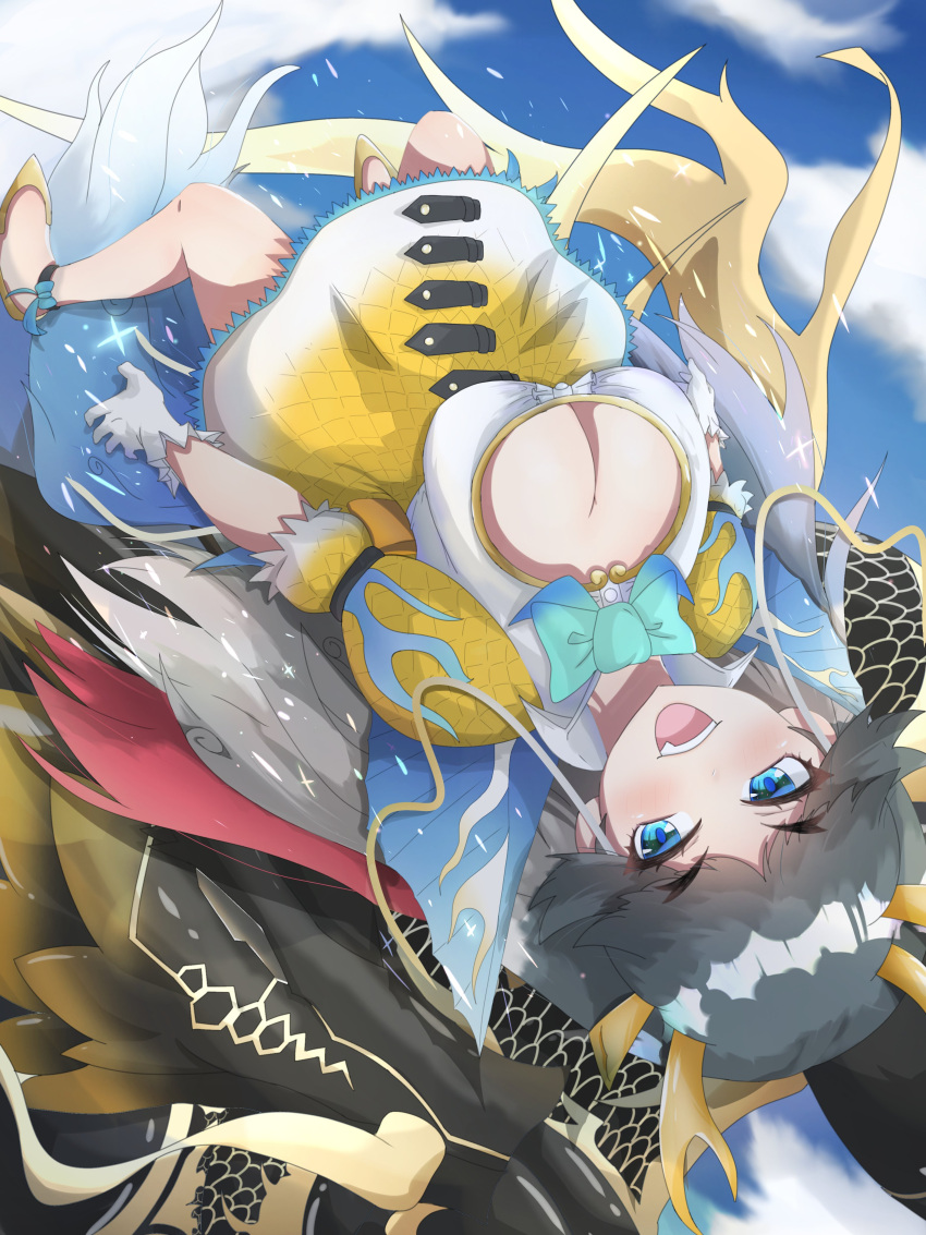 1girl absurdres ankle_strap arms_at_sides bachihebi blue_hair blue_sky bow breasts cleavage cleavage_cutout clothing_cutout creature_and_personification day dress eyelashes fang floating forked_eyebrows gloves grey_hair highres horns kemono_friends kemono_friends_3 kirin_(kemono_friends) large_breasts long_hair looking_at_viewer medium_dress multicolored_hair open_mouth outdoors puffy_sleeves qilin_(mythology) red_hair shoes sky smile solo_focus tail upside-down very_long_hair white_gloves white_hair wings