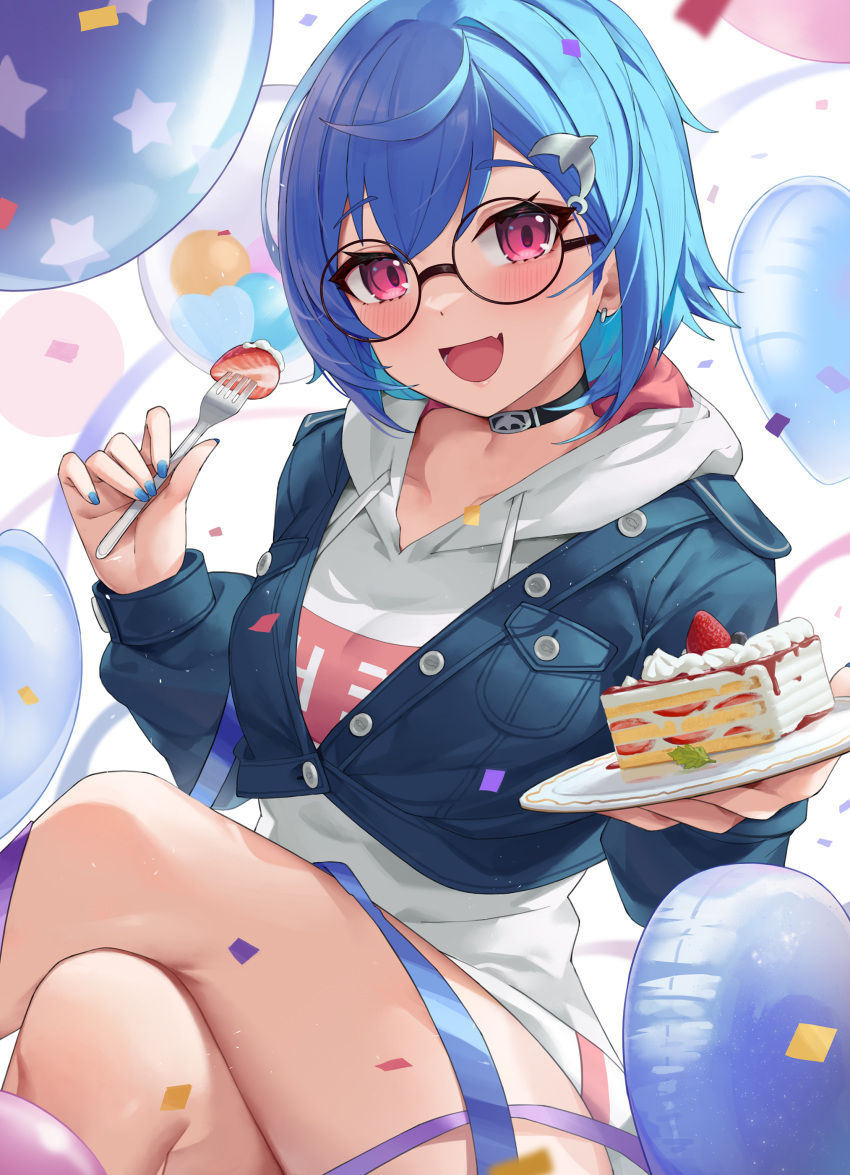 1girl :d absurdres balloon black_choker blue_hair blue_nails blue_vest blush cake cake_slice choker commentary_request crossed_legs dolphin_hair_ornament drawstring ear_piercing food fork fruit glasses hands_up highres holding holding_fork holding_plate hood hooded_shirt hoodie kaguya_(srx61800) long_sleeves looking_at_viewer nijisanji nishizono_chigusa open_mouth piercing plate red_eyes round_eyewear short_hair sitting smile solo strawberry vest virtual_youtuber white_hoodie