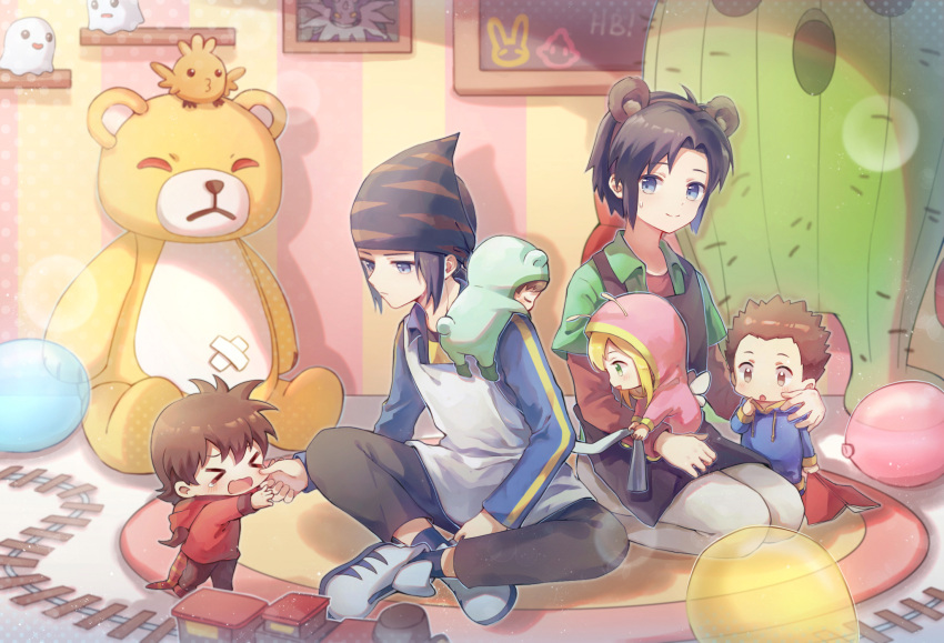 1girl 5boys 5others animal_ears apron balloon beanie bear bear_ears black_apron black_headwear black_pants blonde_hair blue_eyes blue_hoodie blue_shirt bokomon brown_hair cactus cherubimon_vice child closed_eyes collared_shirt digimon digimon_frontier fake_animal_ears green_eyes green_shirt grey_apron hat highres himi_tomoki hood hood_down hood_up hoodie indoors kanbara_takuya kimura_kouichi liu_(-liu) minamoto_kouji monzaemon multiple_boys multiple_others neamon open_mouth orimoto_izumi pants pink_hoodie poyomon railroad_tracks red_eyes red_shirt shibayama_junpei shirt short_hair sitting togemon torikaraballmon train