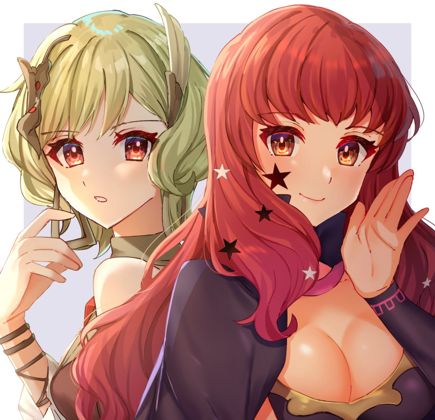 2girls blonde_hair bracelet breasts citrinne_(fire_emblem) cleavage cleavage_cutout closed_mouth clothing_cutout earrings edamameoka facial_mark feather_hair_ornament feathers fire_emblem fire_emblem_engage hair_ornament highres jewelry long_hair looking_at_another looking_at_viewer multiple_girls orange_eyes red_eyes red_hair short_hair smile star_(symbol) star_hair_ornament yunaka_(fire_emblem)