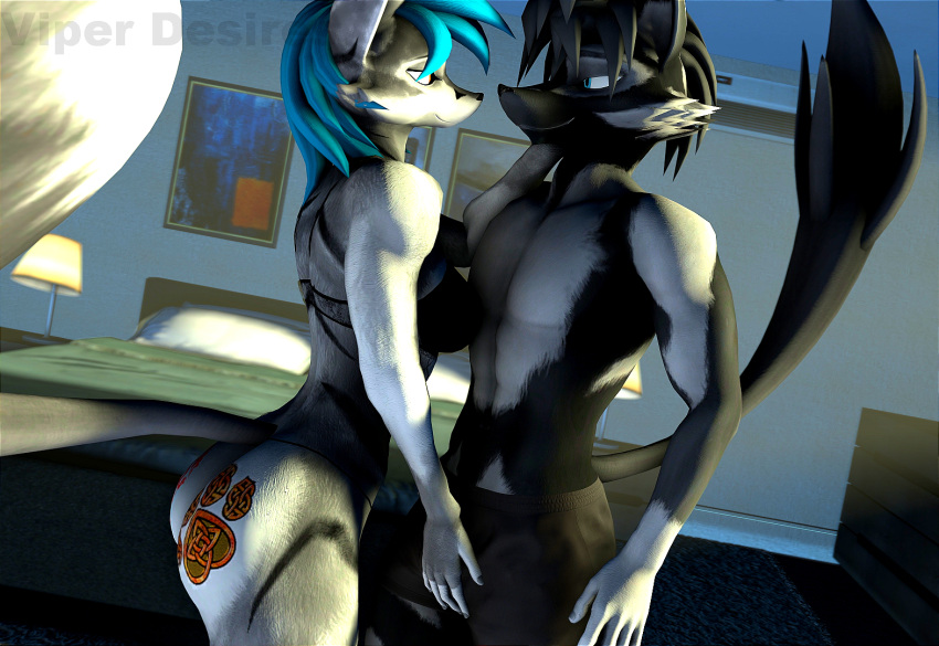 2023 3d_(artwork) abs alys_(viper-desires) amber_eyes anthro artist_name athletic athletic_anthro athletic_male bed bedroom big_butt black_body black_fur black_hair blue_eyes blue_hair boxers_(clothing) bra breasts bubble_butt bulge bulge_grab butt butt_tattoo canid canine clothed clothing detailed_background digital_media_(artwork) duo female fingers fluffy fluffy_tail fox fur furniture grey_body grey_fur grope hair inside jacob_(viper-desires) lingerie long_tail male male/female mammal multicolored_body multicolored_fur panties short_hair smile source_filmmaker tail tattoo topless topless_anthro topless_male two_tone_body two_tone_fur underwear underwear_only viper-desires watermark wide_hips