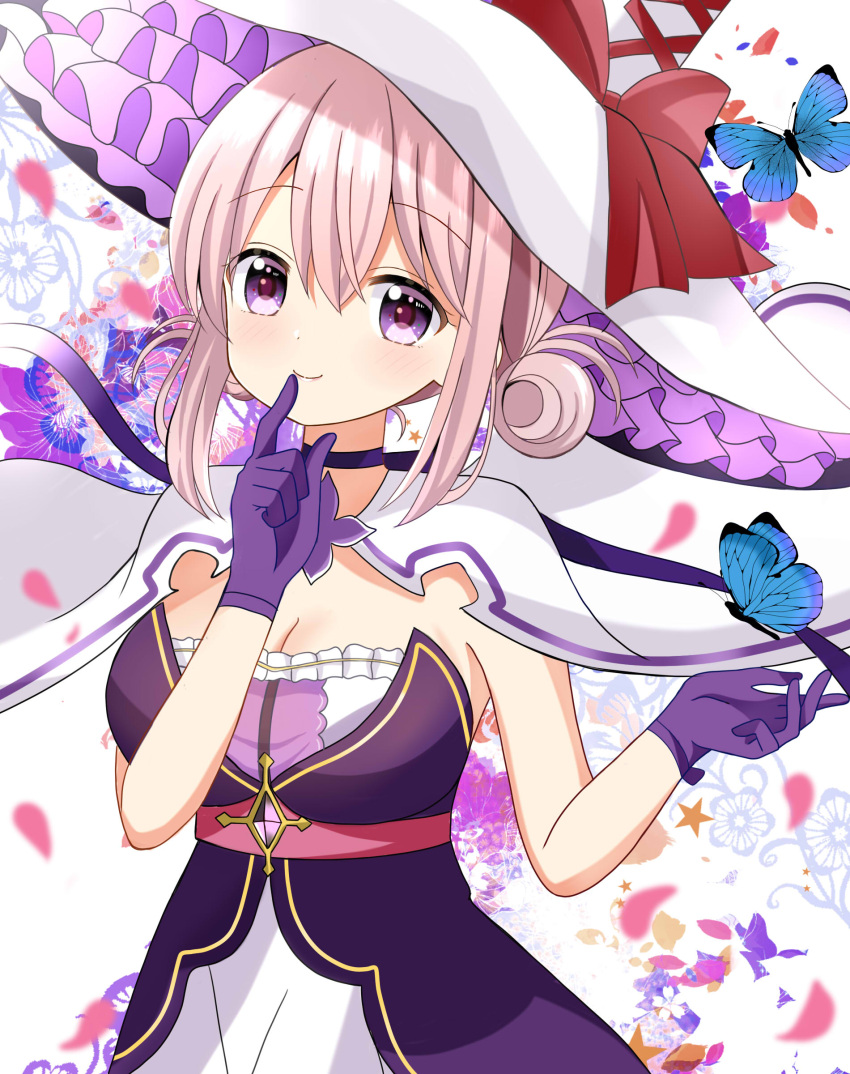 1girl absurdres bow breasts brown_hair bug butterfly cape cleavage closed_mouth commentary_request double_bun dress floral_background flower gloves hair_between_eyes hair_bun hands_up hat hat_bow highres majo_wa_mangetsu_ni_saku medium_breasts minato_shima petals purple_eyes purple_flower purple_gloves red_bow ryoutan sidelocks simple_background smile solo strapless strapless_dress white_background white_cape white_dress white_headwear witch_hat