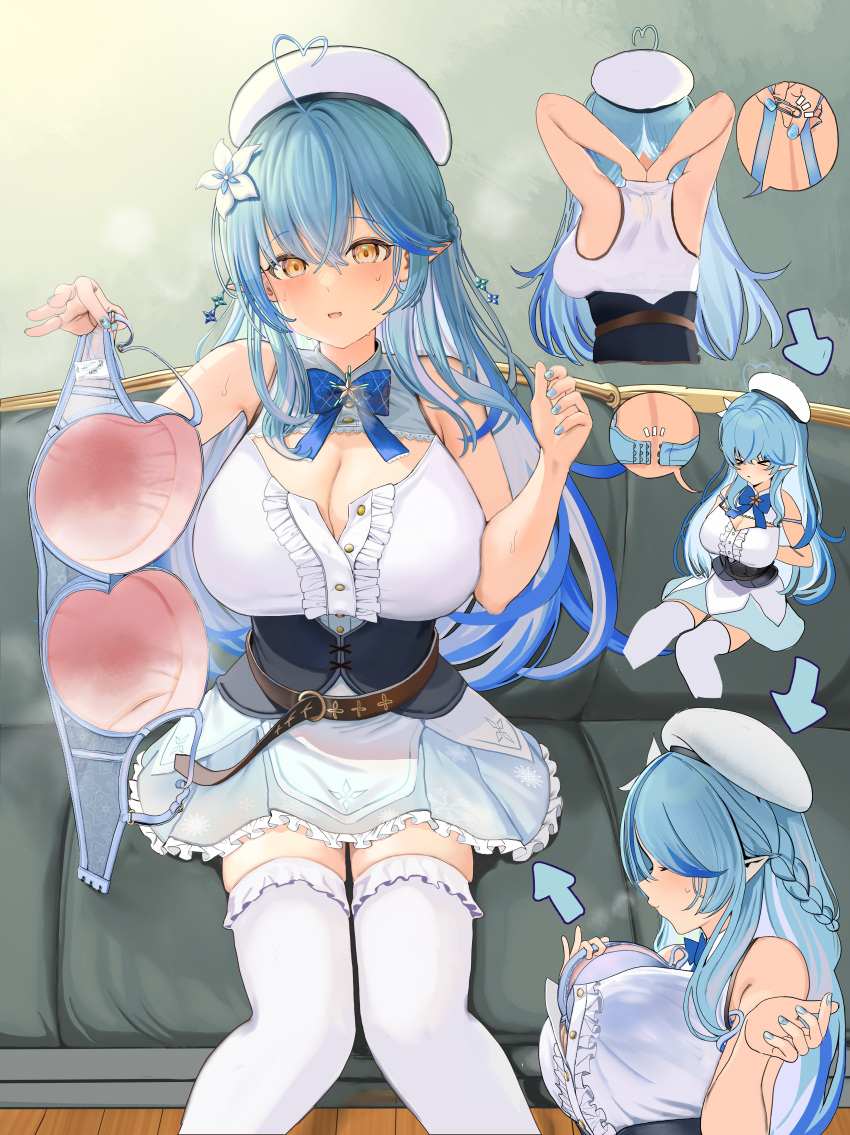 &gt;_&lt; 1girl absurdres ahoge arrow_(symbol) bare_shoulders belt beret black_corset blue_bow blue_bowtie blue_bra blue_hair blue_skirt bow bowtie bra bra_removed braid breasts brown_belt center_frills cleavage colored_tips commentary_request corset elf flower frilled_shirt frilled_skirt frills from_above from_behind from_side hair_between_eyes hair_flower hair_ornament hand_up hat heart heart_ahoge highres holding holding_bra holding_clothes holding_underwear hololive huge_breasts leather_belt long_hair looking_at_viewer miniskirt multicolored_hair multiple_views open_mouth partially_unbuttoned pointy_ears removing_bra removing_bra_under_shirt shirt sitting skirt sleeveless sleeveless_shirt smile snowflake_hair_ornament snowflake_print stained_clothes streaked_hair sumida_bunchou sweat thighhighs underbust underwear undressing very_long_hair virtual_youtuber white_headwear white_shirt white_thighhighs yellow_eyes yukihana_lamy