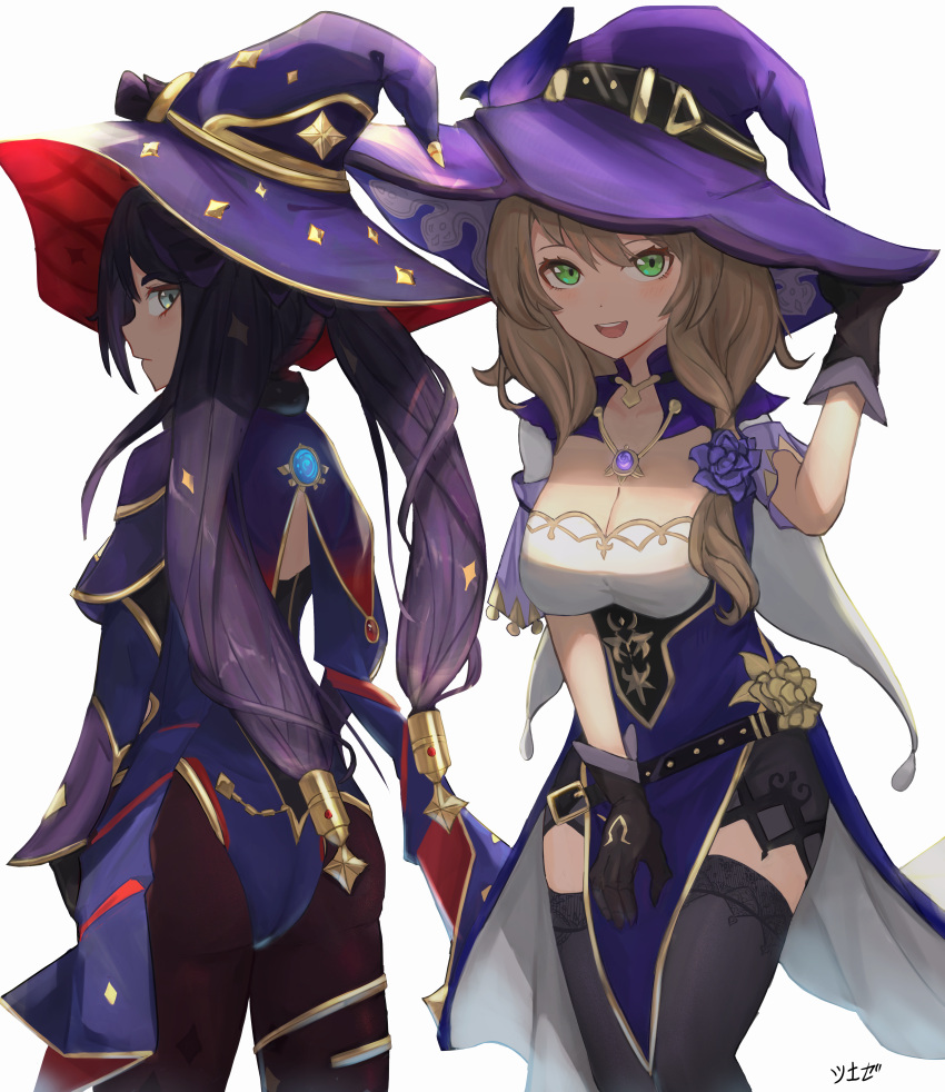 2girls :d absurdres ass black_gloves black_pantyhose black_shorts blue_eyes breasts brown_hair cape cleavage commentary_request detached_sleeves from_behind genshin_impact gloves green_eyes hair_between_eyes hair_ornament hat highres jewelry jeze large_breasts leotard lisa_(genshin_impact) long_hair long_sleeves looking_at_viewer mona_(genshin_impact) multiple_girls pantyhose pelvic_curtain pendant purple_hair purple_leotard short_shorts shorts sidelocks smile twintails vision_(genshin_impact) white_background witch_hat zettai_ryouiki
