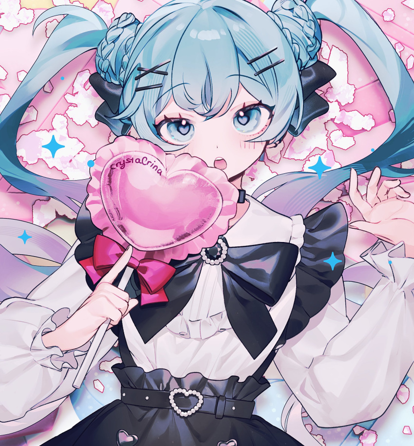 1girl black_bow black_skirt blue_eyes blue_hair blush bow candy commentary english_commentary food frilled_shirt frills hair_bow hair_ornament hairclip hatsune_miku heart heart_belt heart_lollipop highres lollipop open_mouth rina_(crystalrina) shaped_lollipop shirt skirt suspender_skirt suspenders twintails vocaloid white_shirt x_hair_ornament